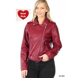 Moto Jacket Ladies Asymmetrical Jacket - Vegan Leather - Belted. Dark Red